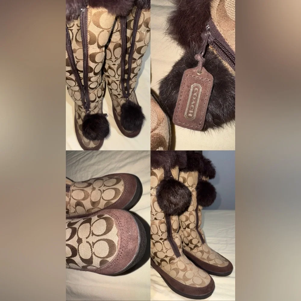 Coach Theona Y2K Signature Monogram Jacquard Rabbit Fur Brown Women’s Boots 8.5